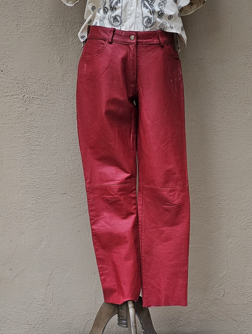 Kookie International Vintage Firetruck Red Lined Leather Straight Leg Pants Sz L